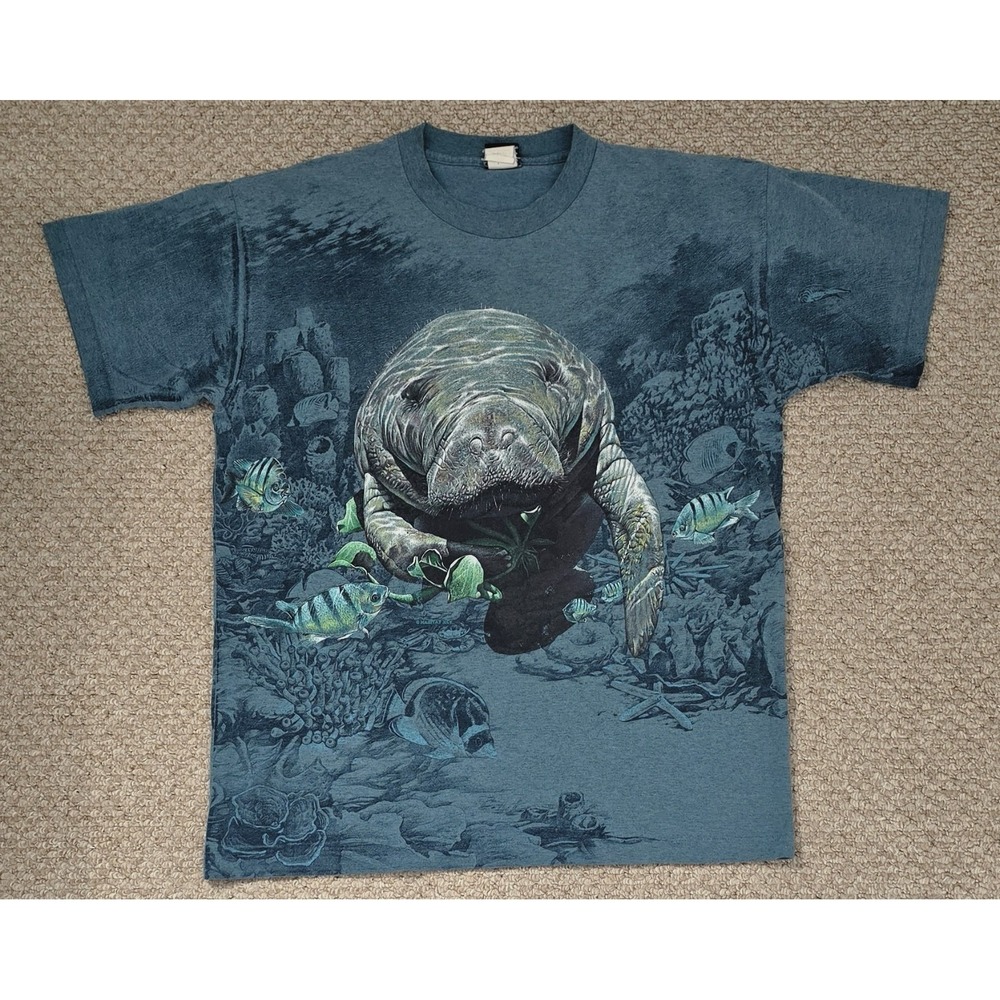 Vintage Manatee Shirt Men's L All Over Print Single Stitch USA 90s Signal Sport
